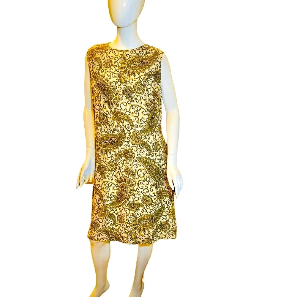 Vintage 60s Paisley A Line Sleeveless Dress Large Beige Brown
